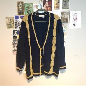 VINTAGE PREPPY NAUTICAL NAVY METALLIC GOLD CABLE ANCHOR BUTTON CARDIGAN MEDIUM